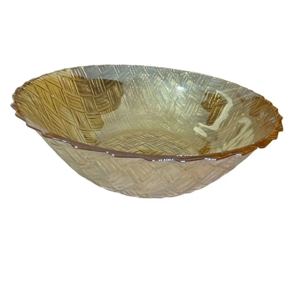 Vintage Indiana Glass Company marigold iridescent carnival glass basket weave bo